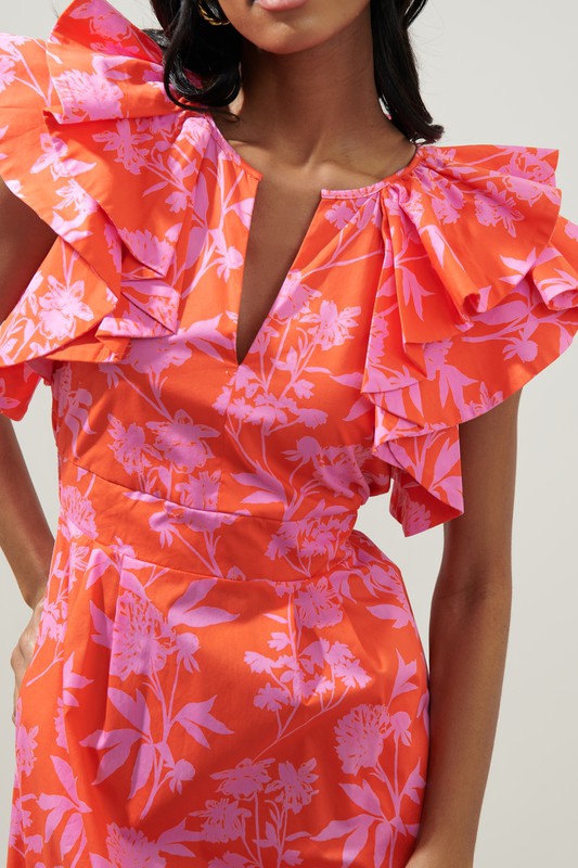 Orange/Pink Ruffle Slv Midi Dress Clothing SugarLips   