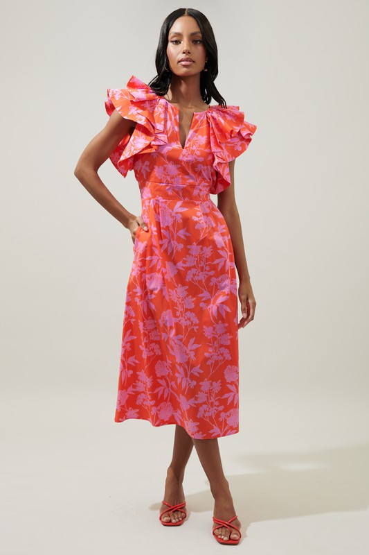 Orange/Pink Ruffle Slv Midi Dress Peacocks & Pearls Lexington Orange/Pink Ruffle Slv Midi Dress Peacocks & Pearls Lexington