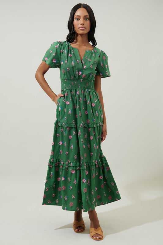 Green W/ Flowers Poplin Tiered Maxi Dress Clothing SugarLips   