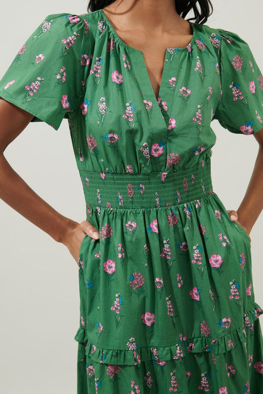 Green W/ Flowers Poplin Tiered Maxi Dress Clothing SugarLips   