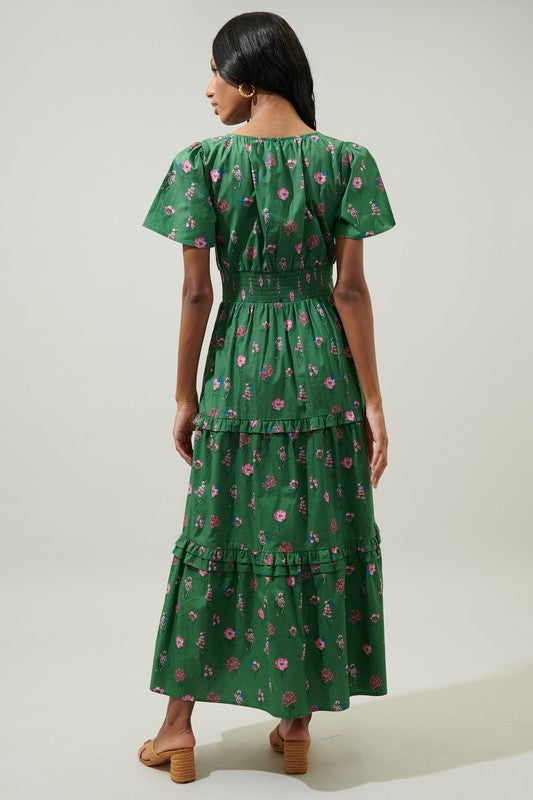 Green W/ Flowers Poplin Tiered Maxi Dress Clothing SugarLips   