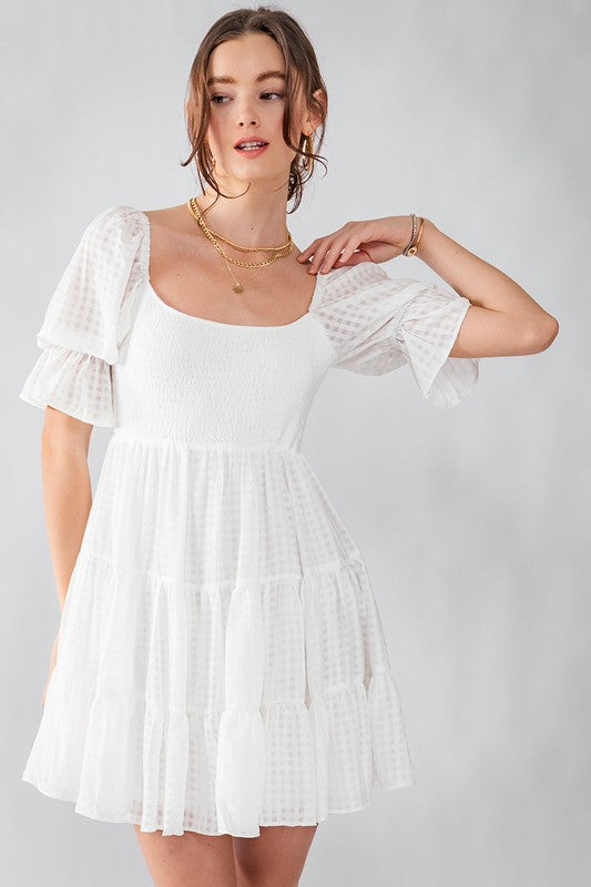 Gingham Texture Smocked Tiered Dress Clothing Trend:Notes White S 
