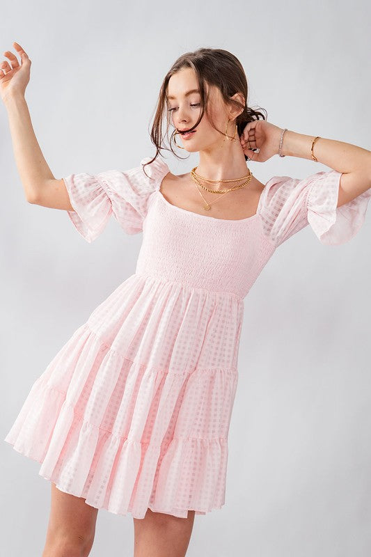 Gingham Texture Smocked Tiered Dress Clothing Trend:Notes Pink S 