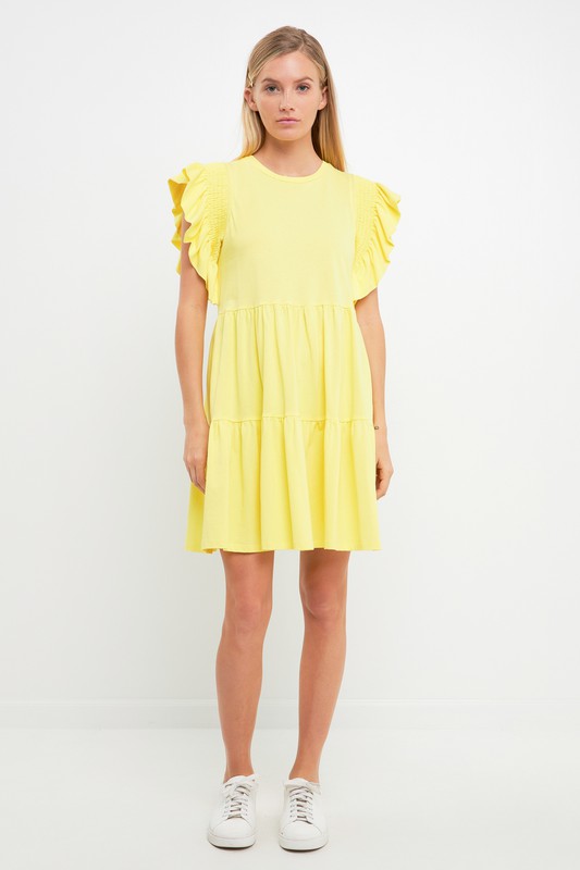 Tiered Knit Dress W/ Ruffle Slv Clothing August Apparel Yellow XS 
