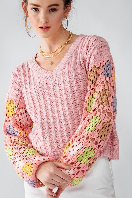 Pink Crochet L/S Floral Sweater Clothing Trend:Notes   