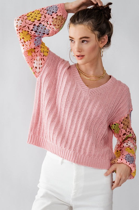 Pink Crochet L/S Floral Sweater Clothing Trend:Notes   