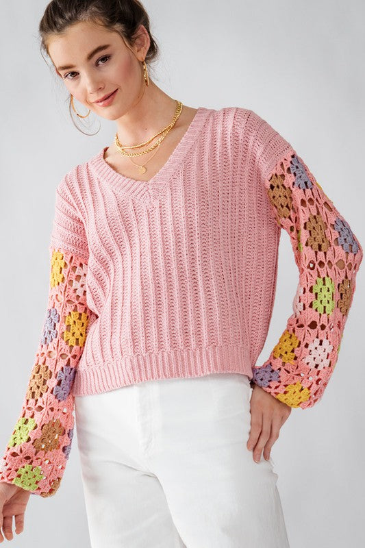 Pink Crochet L/S Floral Sweater Clothing Trend:Notes   