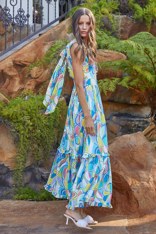 Bright Abstract V-neck Tie Back Maxi Dress Clothing Fate   