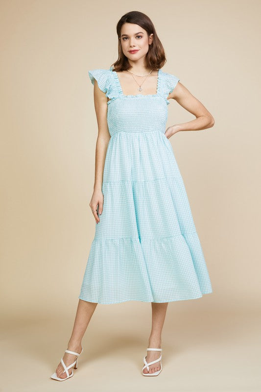 Blue Smocked Bodice Tiered Midi Dress Clothing Skies Are Blue   