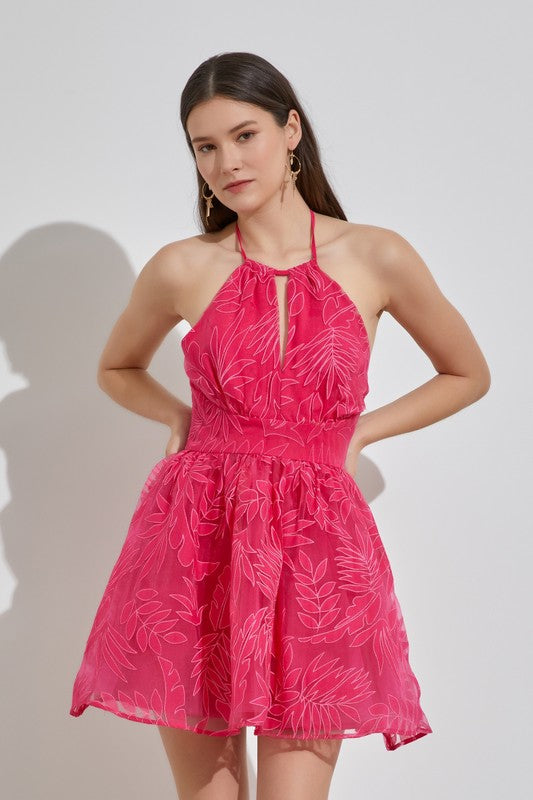 Hot Pink Halter Textured Leaf Dress Clothing Do+Be   