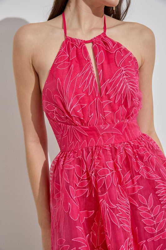 Hot Pink Halter Textured Leaf Dress Clothing Do+Be   
