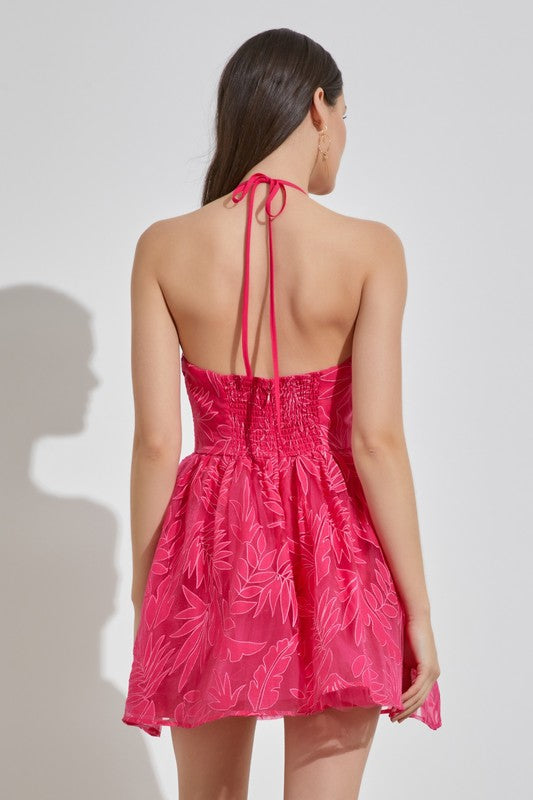 Hot Pink Halter Textured Leaf Dress Clothing Do+Be   