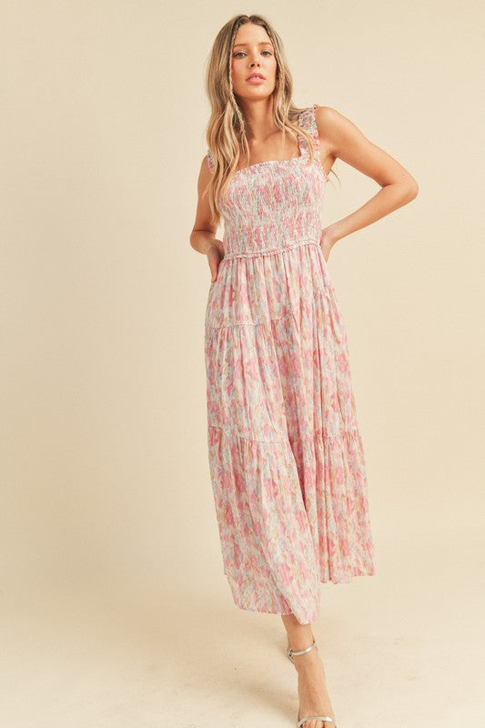 Pink Watercolor Smocked Midi Dress Peacocks & Pearls Lexington Pink Watercolor Smocked Midi Dress Peacocks & Pearls Lexington