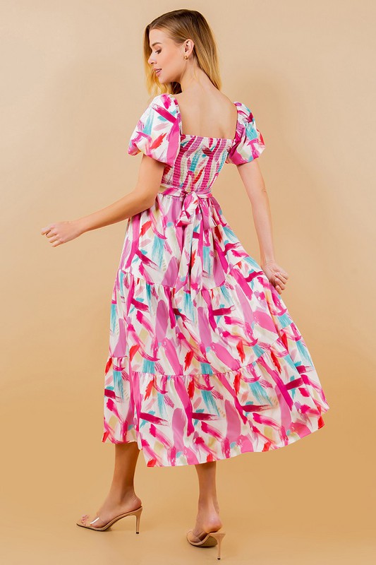 Multi Watercolor Smocked Bubble Slv Midi Clothing Sundayup   