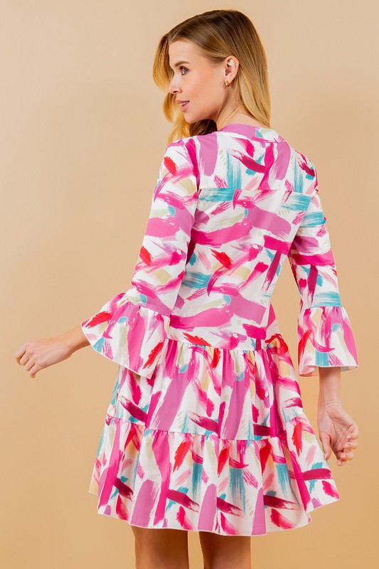 Multi Watercolor Tiered 3/4 Slv Dress Clothing Sundayup   