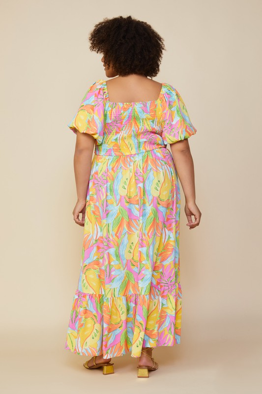 Pastel Tropical Puff Slv Maxi Dress Clothing Skies Are Blue   