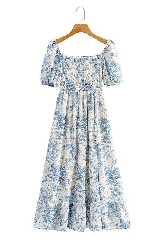 Blue/White Floral Puff Slv Smocked Midi Clothing Sundayup   