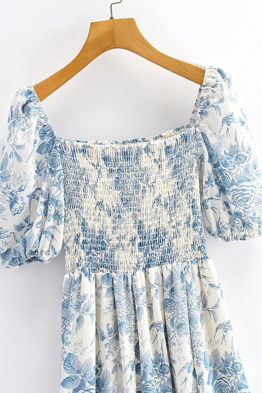 Blue/White Floral Puff Slv Smocked Midi Clothing Sundayup   