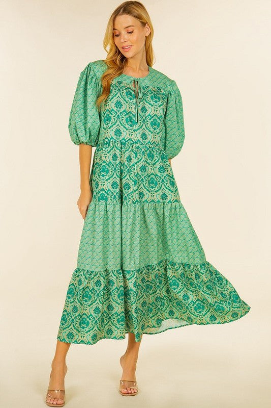 Green Floral Puff Slv Tiered Maxi Peacocks & Pearls Lexington Green Floral Puff Slv Tiered Maxi Peacocks & Pearls Lexington