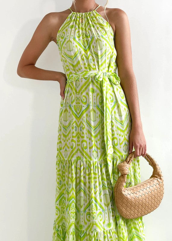 Lime Green Halter Printed Maxi Dress Clothing Peacocks & Pearls Lexington   