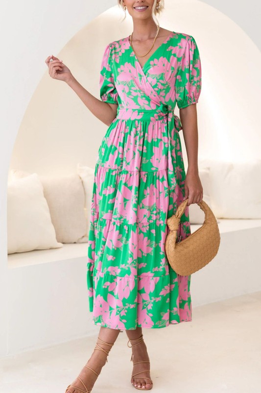 Green/Pink Puff Slv Midi Dress Clothing Dresses By Lilly   