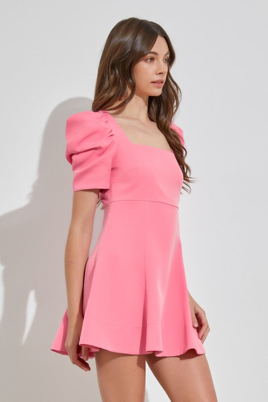 Pink Puff Ruched Slv W/ Square Neck Dress Clothing Do+Be   