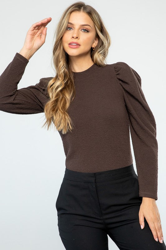 Textured Puff Long Slv Top Clothing THML Brown XS 