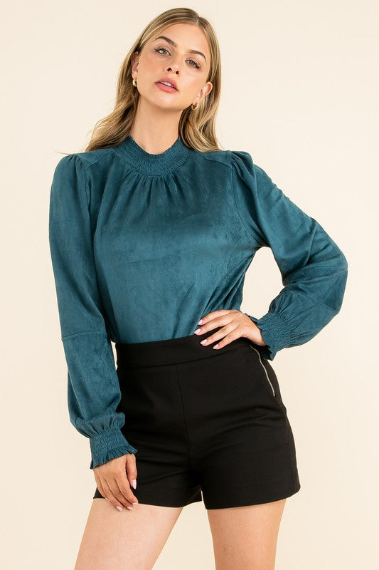 Teal Suede Mock Neck Blouse Clothing THML   