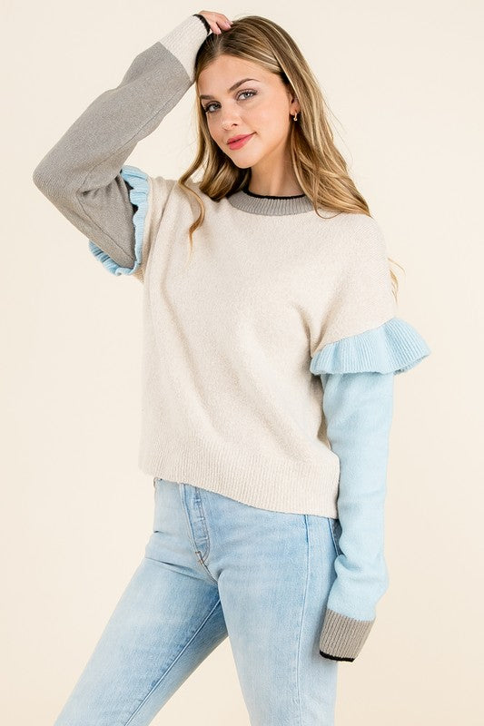 Cream/Baby Blue Ruffle Slv Colorblock Sweater Clothing THML   