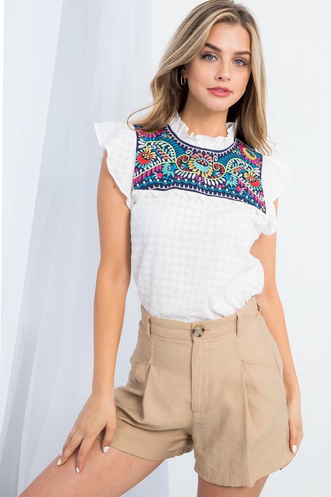 WhtNvy Embroidered Flutter Sleeve Top Clothing THML   