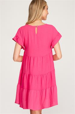 Pink Ruffle S/S Tiered Dress Clothing She + Sky   