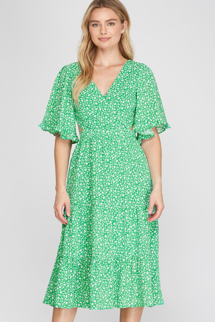 Green Tiered Floral Midi Tie Back Dress Clothing She + Sky   