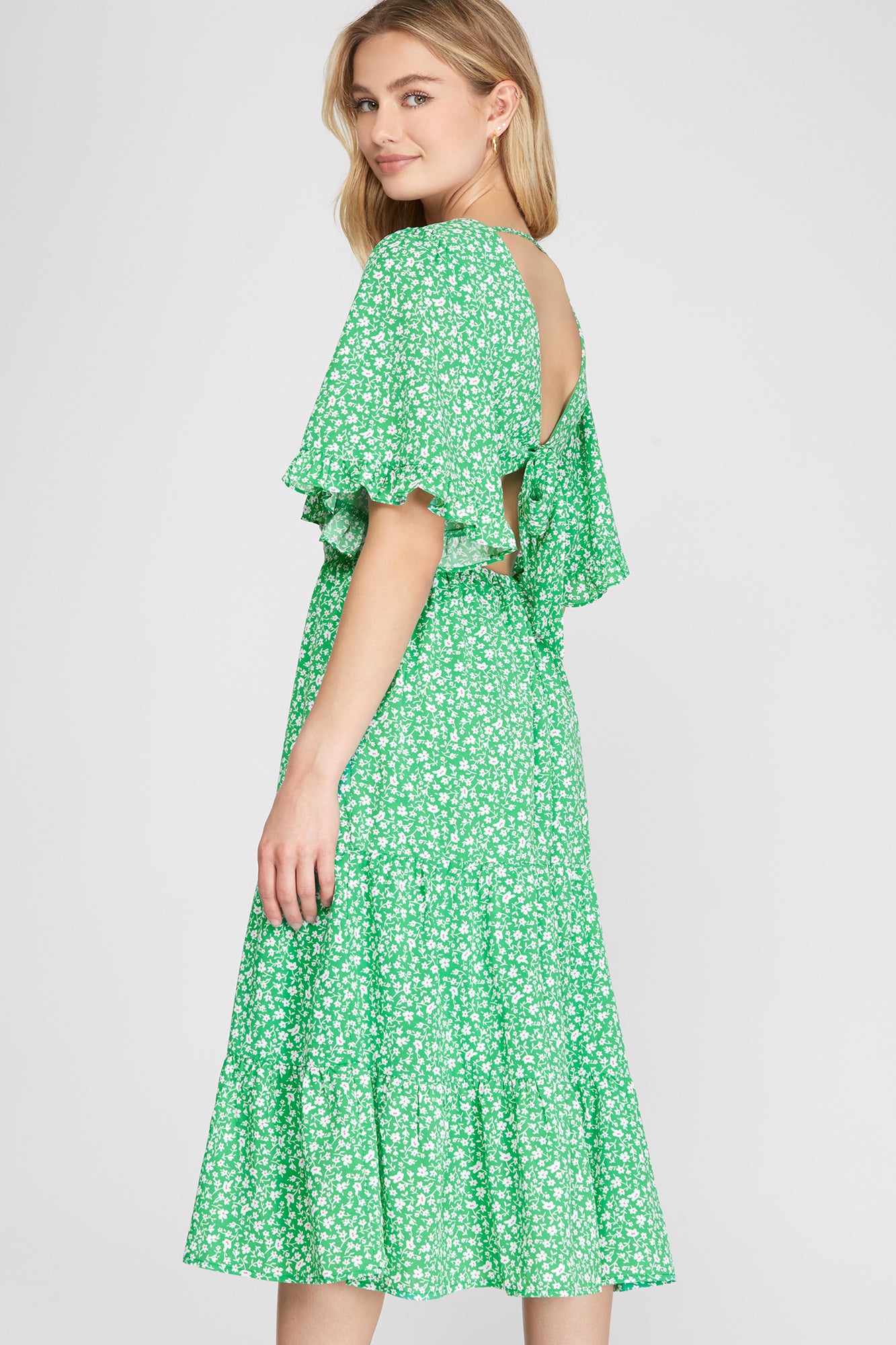 Green Tiered Floral Midi Tie Back Dress Peacocks & Pearls Lexington Green Tiered Floral Midi Tie Back Dress Peacocks & Pearls Lexington