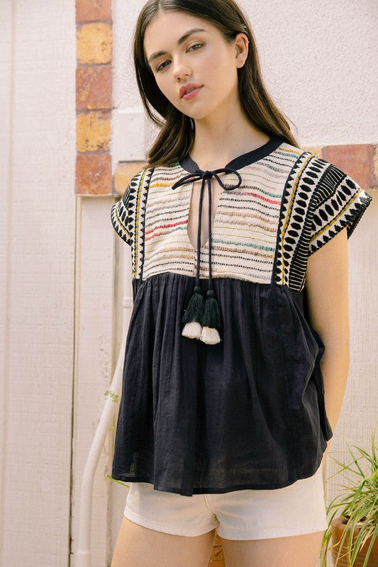 Black and Multi Color Striped Flutter Slv Top w/ Tassels Clothing THML   