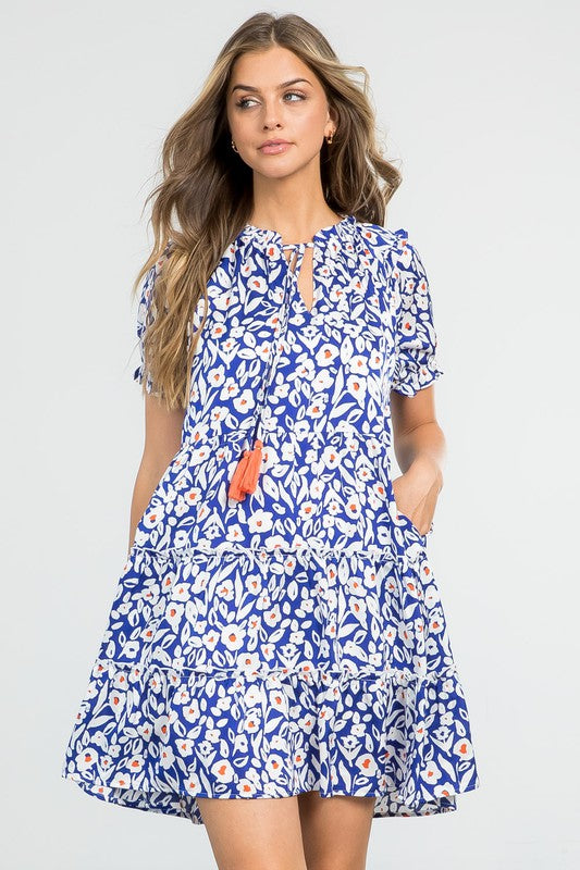 Blue Floral Print Tiered Dress Clothing THML   