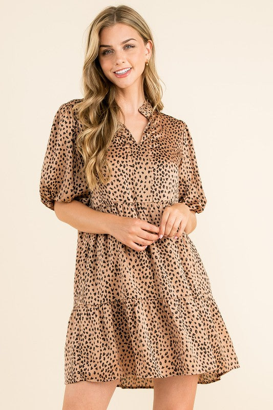 Leopard Print Bubble Slv Dress Clothing THML   