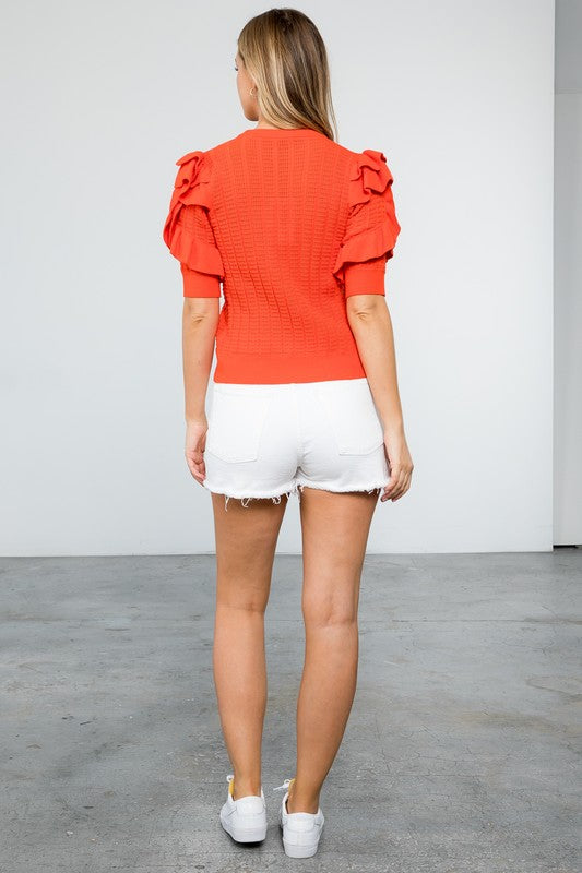 Red Knitted Ruffle S/S Top Clothing THML   