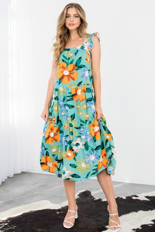Floral Ruffle Strap Tiered Midi Dress Clothing THML   