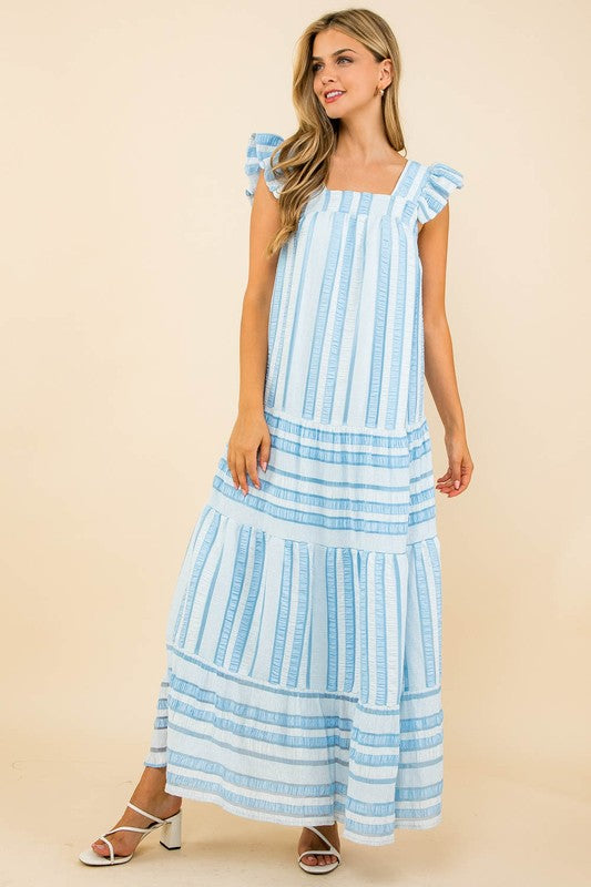 Blue/ White Striped Ruffle Slv Maxi Clothing THML   