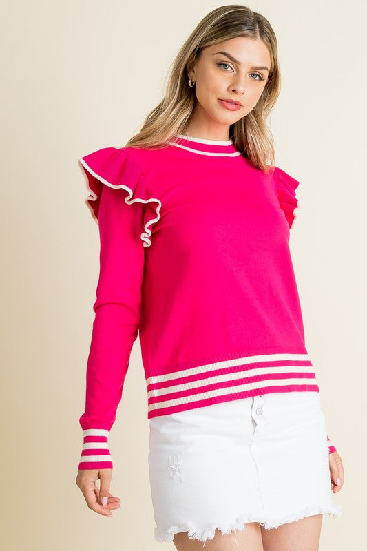 Hot Pink Ruffle Striped Cuff Sweater Clothing THML   