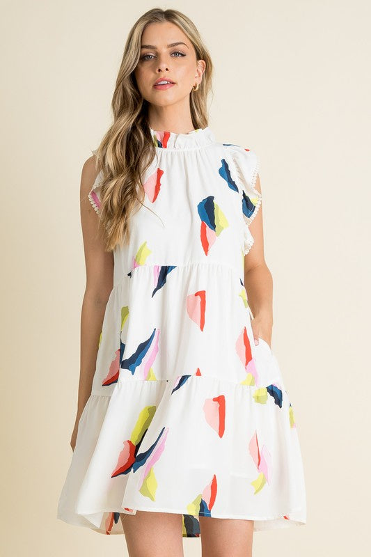 Cream Flutter Sleeve Print High Ruffle Neck Dress Clothing THML   