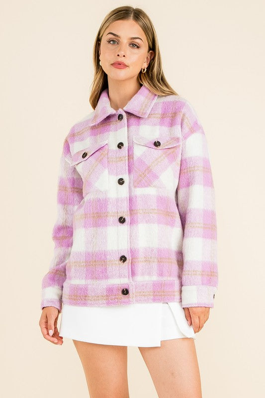 Purple/Cream Fuzzy Button Down Shacket Clothing THML   
