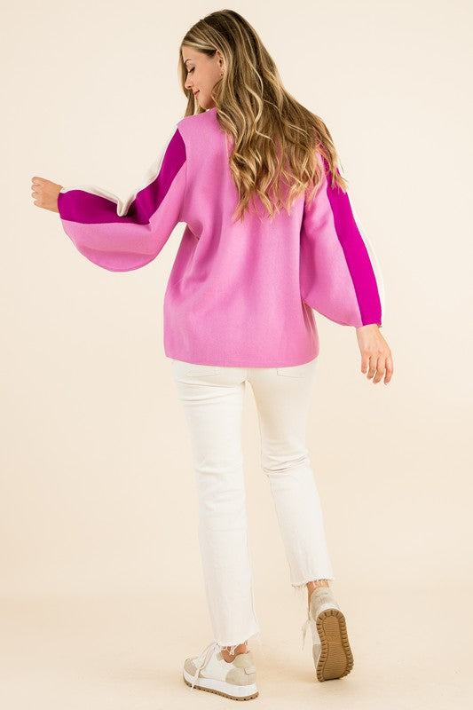 Purple Colorblock Slv Sweater Clothing THML   