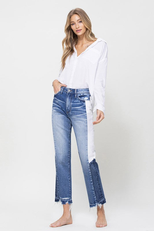 High Rise Straight Crop Jean w/ Side Blocking Panel Clothing Veveret   