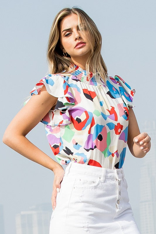 Wht Multi Color Print Smocked Neck Top Clothing THML   