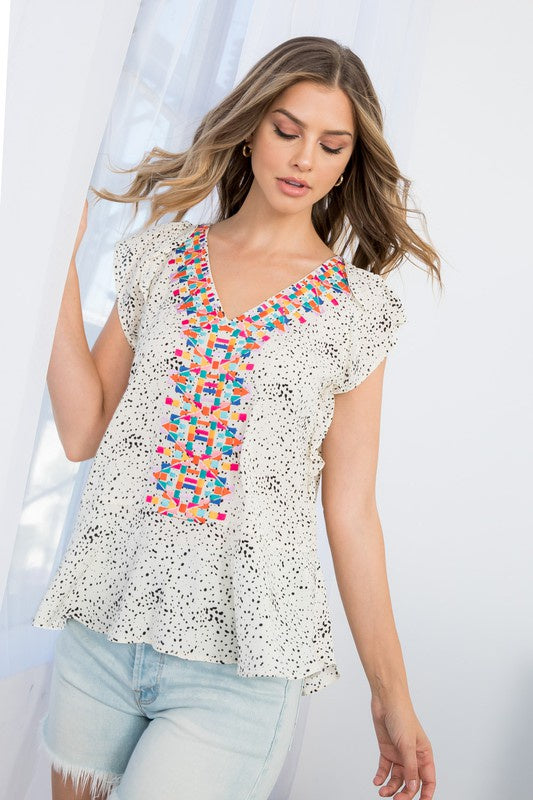 Wh/Blck Spotted Multi Color Embroidered Flutter Slve Top Clothing THML   