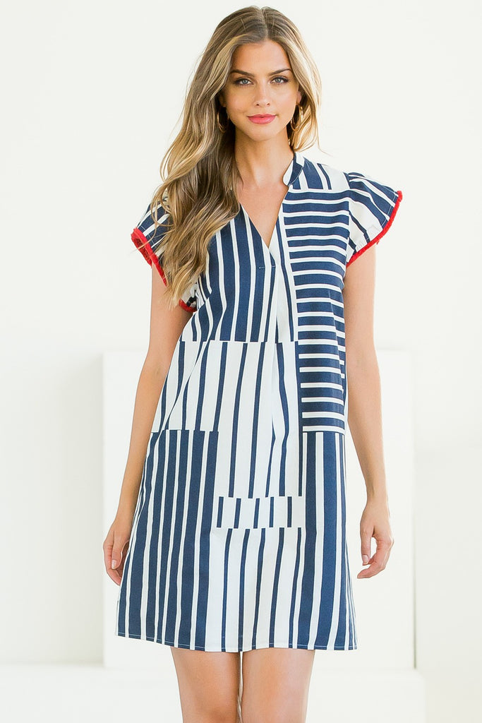 NavyWht Colorblock Stripe Dress Clothing THML   