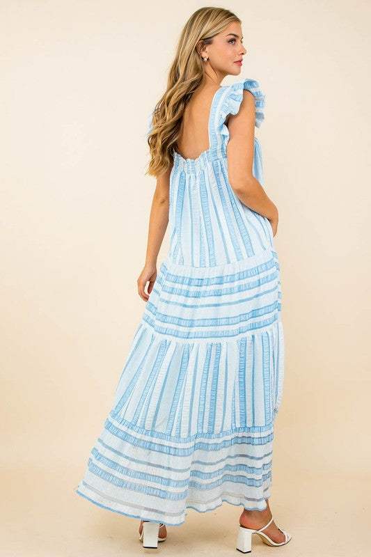 Blue/ White Striped Ruffle Slv Maxi Clothing THML   