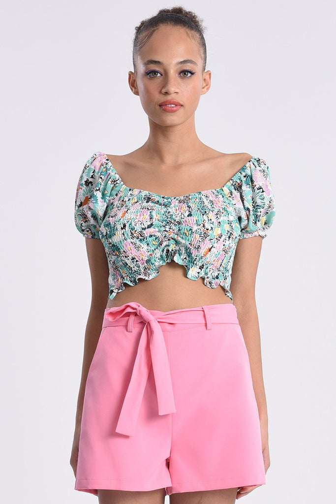Mint/Pink Floral Smocked Crop Top Clothing Molly Bracken   