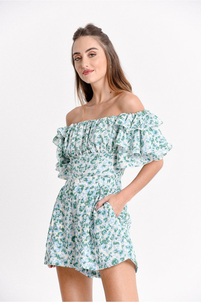 Green/Blue Printed Off The Shoulder Ruffle Top Clothing Molly Bracken   